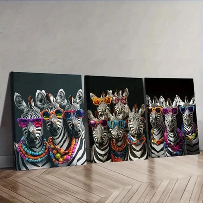 3pcs Group of Zebras with Colorful Glasses Wall Art Set Canvas Unframed - High Quality Print 100% Australian Made Wall Canvas