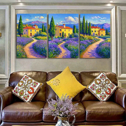 3pcs Vibrant Pastoral Serene Lavender & Cypress Metal Print Ready to Hang Art