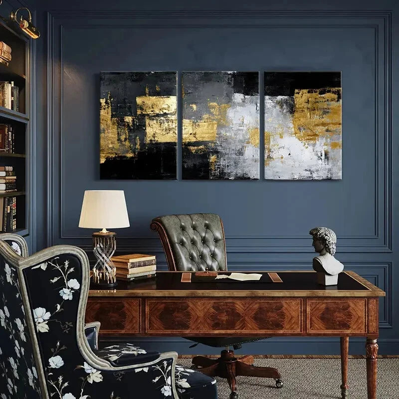 3pcs Golden Black White & Blue Textured Metal Print Ready to Hang Art