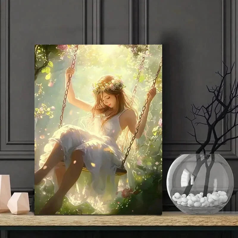 Beautiful Girl In a White Dress Is Sitting on a Swing 40x60cm Metal Print Ready to Hang