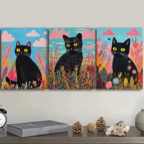 3pcs A black cat Wall Art Canvas Unframed - High Quality Print 100% Australian Made Wall Canvas