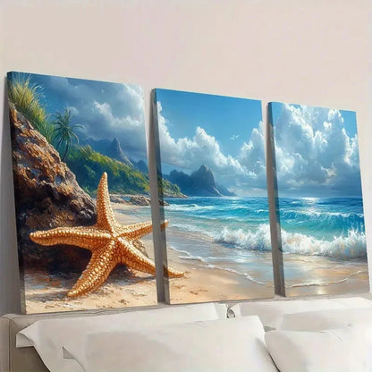 3pcs Coastal Sea Turtle & Starfish Beach Sunset Wall Art Set Canvas Framed 50x70cm - High Quality Print 100% Australian Made Wall Canvas Ready to Hang