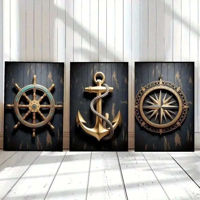 3pcs Ship Wheel, Anchor, Compass Canvas    Wall Art Set Canvas Framed 60x90cm - High Quality Print 100% Australian Made Wall Canvas Ready to Hang