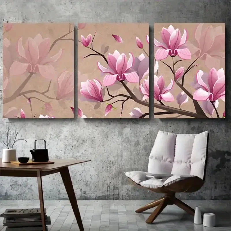 3pcs Pink Magnolia Botanical Branch Metal Print Ready to Hang Art