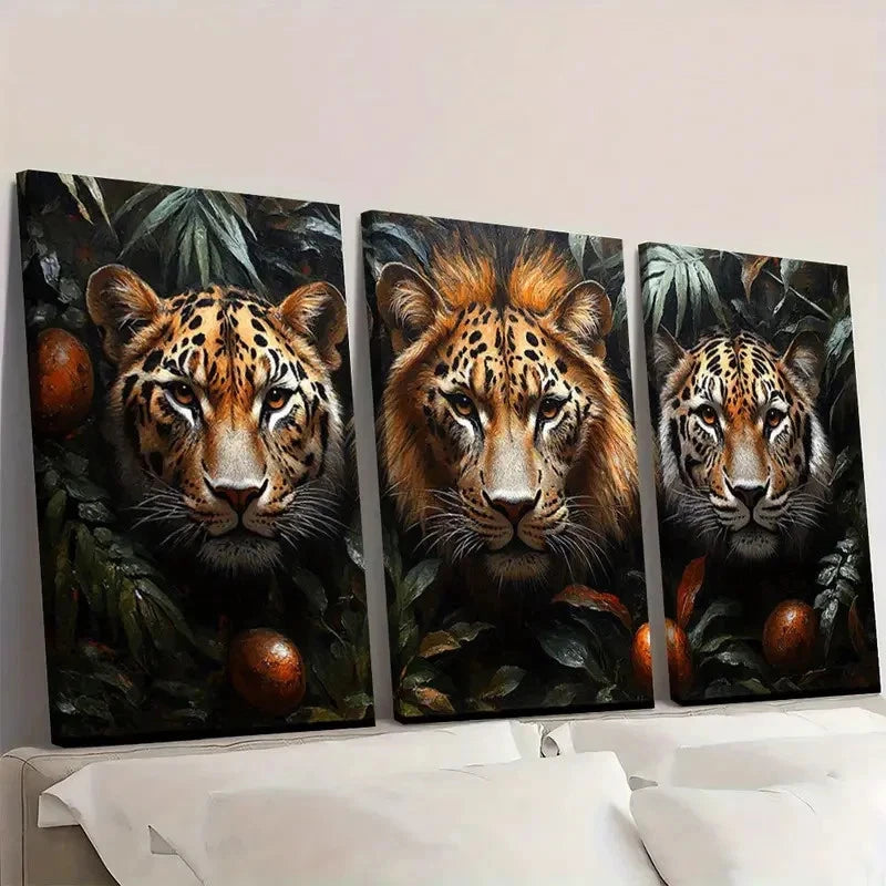3pcs Jungle Overlord Leopard Lion And Tiger Wall Art Set Canvas Framed 60x90cm - High Quality Print 100% Australian Made Wall Canvas Ready to Hang