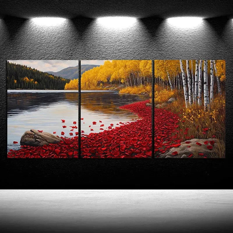 3pcs Autumn Lakeside with Red Poppies Metal Print Ready to Hang Art