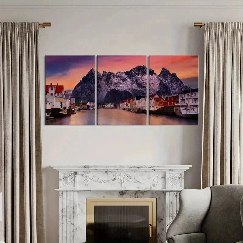 3pcs Mountains Small Town and Lake Wall Art Set Canvas Framed 40x60cm - High Quality Print 100% Australian Made Wall Canvas Ready to Hang