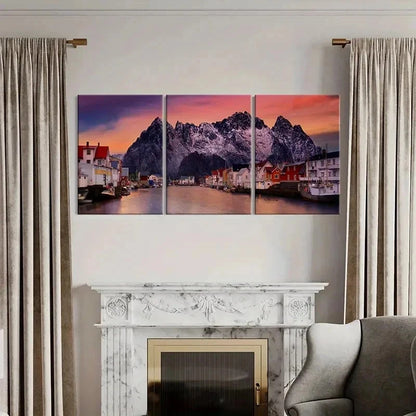 3pcs Mountains Small Town and Lake Wall Art Set Canvas Framed 40x60cm - High Quality Print 100% Australian Made Wall Canvas Ready to Hang