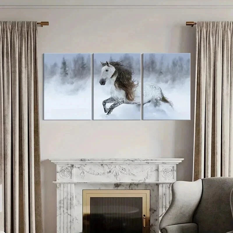 3pcs Running Horse Snowy Landscape Painting Wall Art Set Canvas Framed 40x60cm - High Quality Print 100% Australian Made Wall Canvas Ready to Hang
