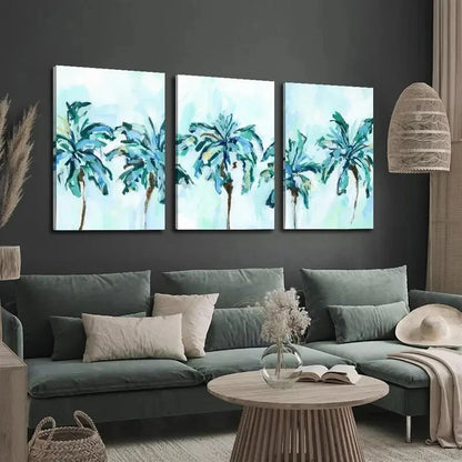 3pcs Blue Palm Tree and Tropical Scene Wall Art Set Canvas Framed 40x60cm - High Quality Print 100% Australian Made Wall Canvas Ready to Hang