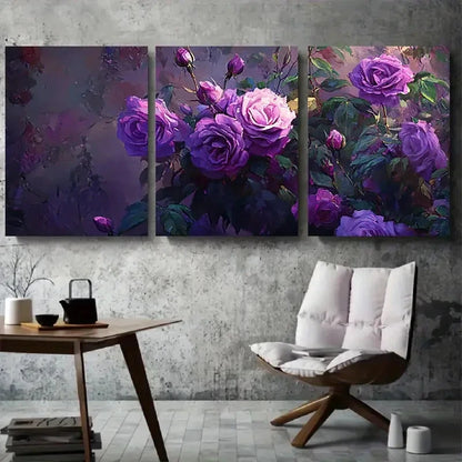 3pcs Purple Rose Vibrant Botanical Floral Metal Print Ready to Hang Art