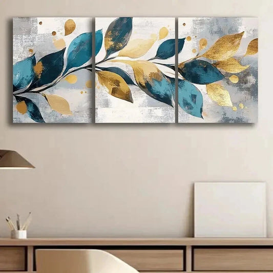 3pcs Abstract Leaves Golden And Teal Wall Art Set Canvas Framed 40x60cm - High Quality Print 100% Australian Made Wall Canvas Ready to Hang