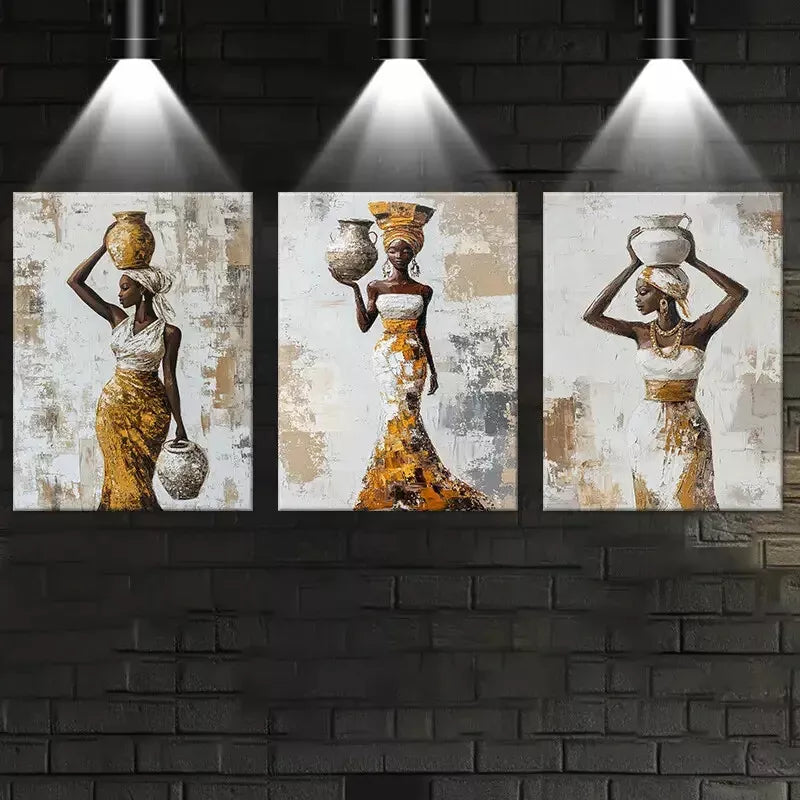 3pcs Elegant African Women with Vase on a table  Wall Art Set Canvas Framed 50x70cm - High Quality Print 100% Australian Made Wall Canvas Ready to Hang - Bella Home Decor