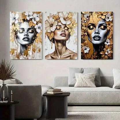 3pcs Golden And White Accent Women Décor Perfect Wall Art Set Canvas Unframed - High Quality Print 100% Australian Made Wall Canvas