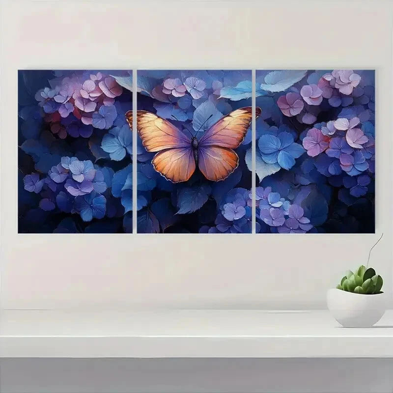3pcs Vibrant Purple Hydrangea & Butterfly Metal Print Ready to Hang Art