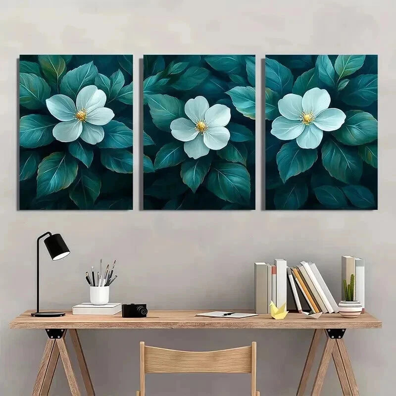 3pcs Green Leaves & White Flowers Decoration Wall Art Set Canvas Framed 40x60cm - High Quality Print 100% Australian Made Wall Canvas Ready to Hang