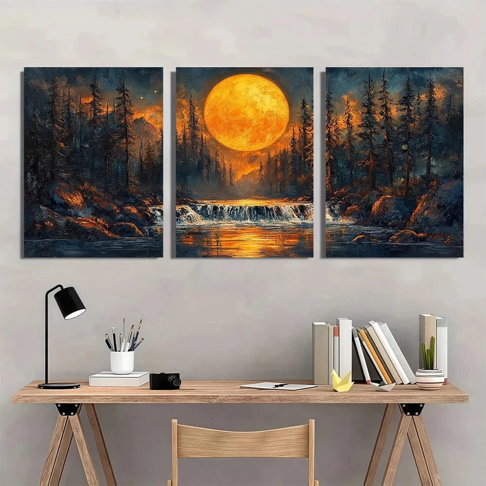 3pcs Moonlit Forest & Waterfall Night Scene Metal Print Ready to Hang Art
