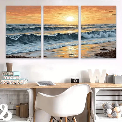 3pcs Sunset Beach Scene Wall Art Set Canvas Framed 60x90cm - High Quality Print 100% Australian Made Wall Canvas Ready to Hang
