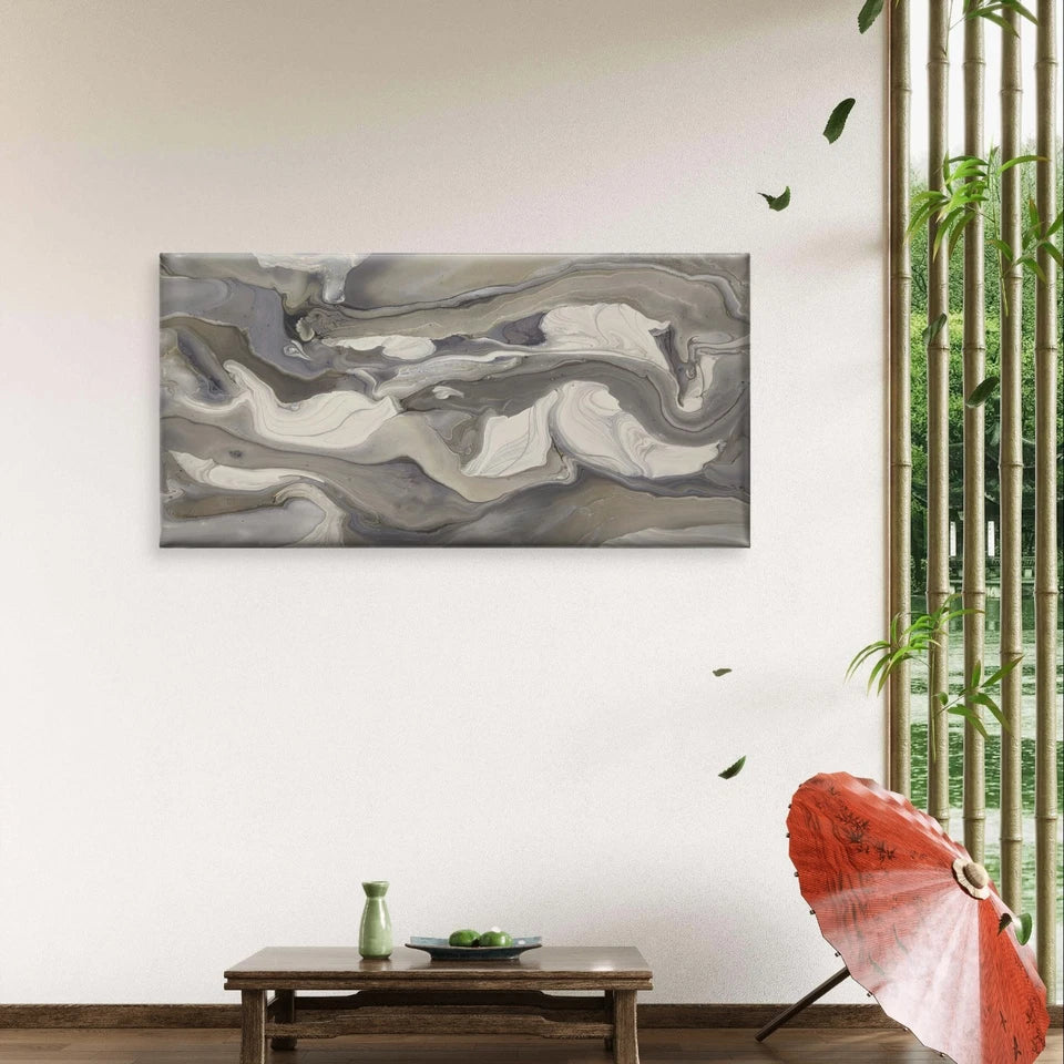 Neutral Grey Liquid Marble Swirl Wall Art Canvas Office Home Framed 120x60cm