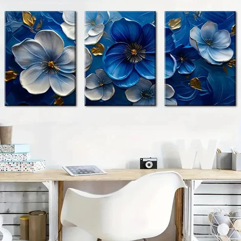 3pcs Blue And White Floral Patterns Wall Art Set Canvas Unframed - High Quality Print 100% Australian Made Wall Canvas
