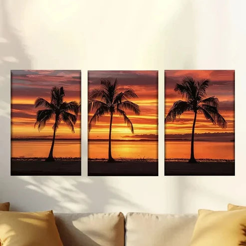 3pcs Sunset island and coconut trees Wall Art Set Canvas Unframed - High Quality Print 100% Australian Made Wall Canvas