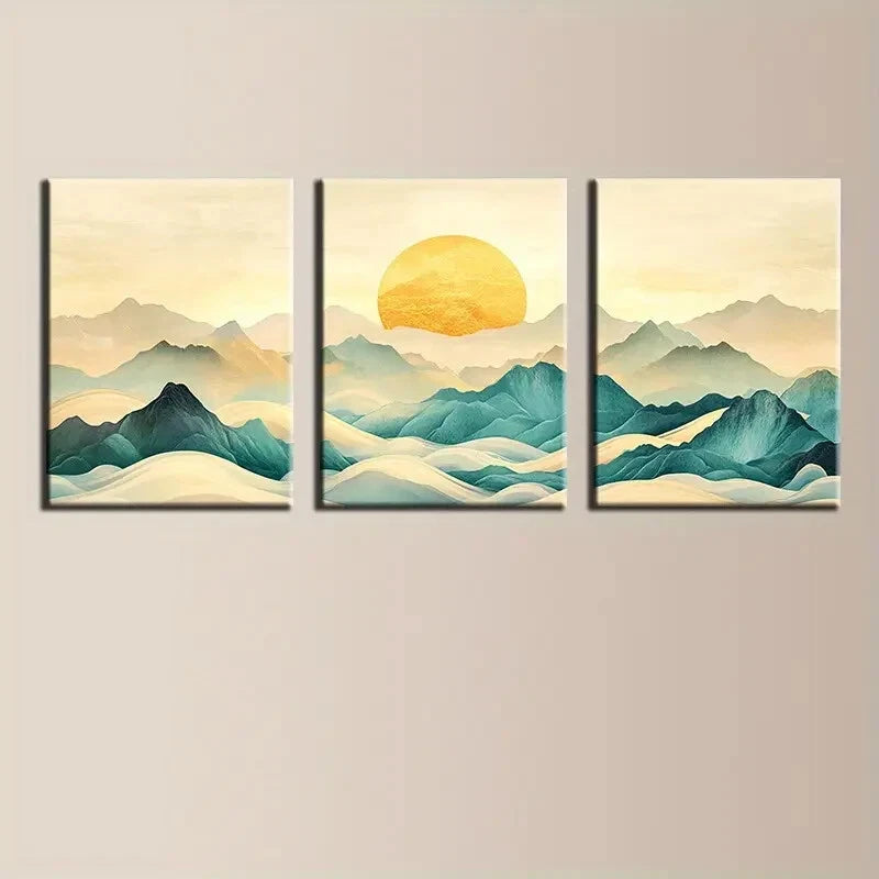 3pcs Serene Green Mountain Sunset Metal Print Ready to Hang Art