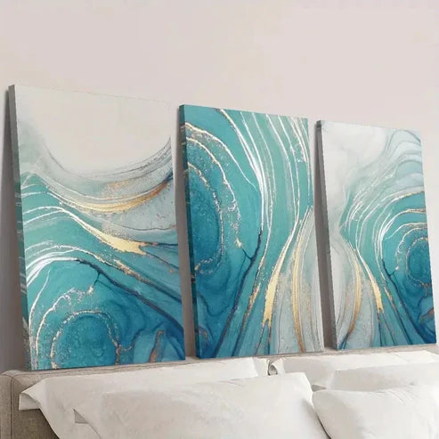 3pcs Beautiful Blue Golden Beach Fluid Wall Art Set Canvas Unframed - High Quality Print 100% Australian Made Wall Canvas