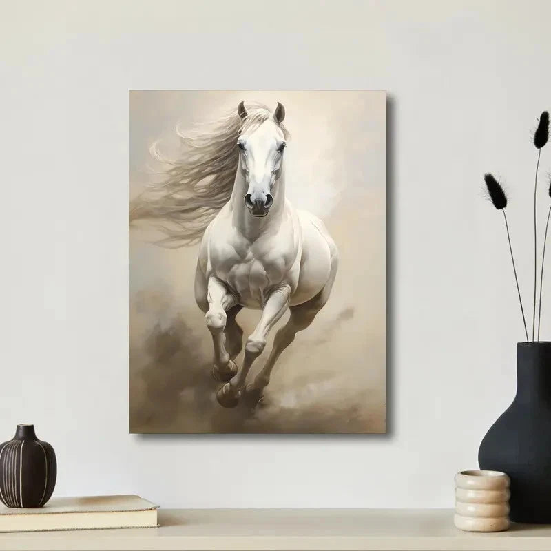 Beautiful Elegant White Horse Painting 40x60cm Metal Print Ready to Hang