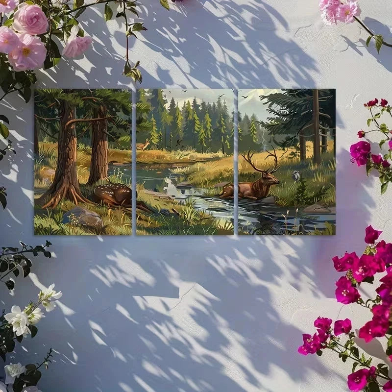 3pcs Forest and Deer Scene with Trees and Grass Metal Print Ready to Hang Art