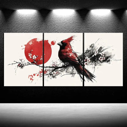 3pcs Birds on Plum Blossom Branches Red Moon Metal Print Ready to Hang Art