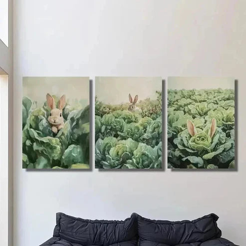 3pcs Rabbits in the Vegetable Garden Wall Art Canvas Unframed – High Quality Print 100% Australian Made Wall Canvas