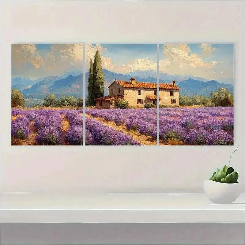3pcs Lavender Fields Rustic Impasto Perfect Wall Art Set Canvas Framed 40x60cm - High Quality Print 100% Australian Made Wall Canvas Ready to Hang