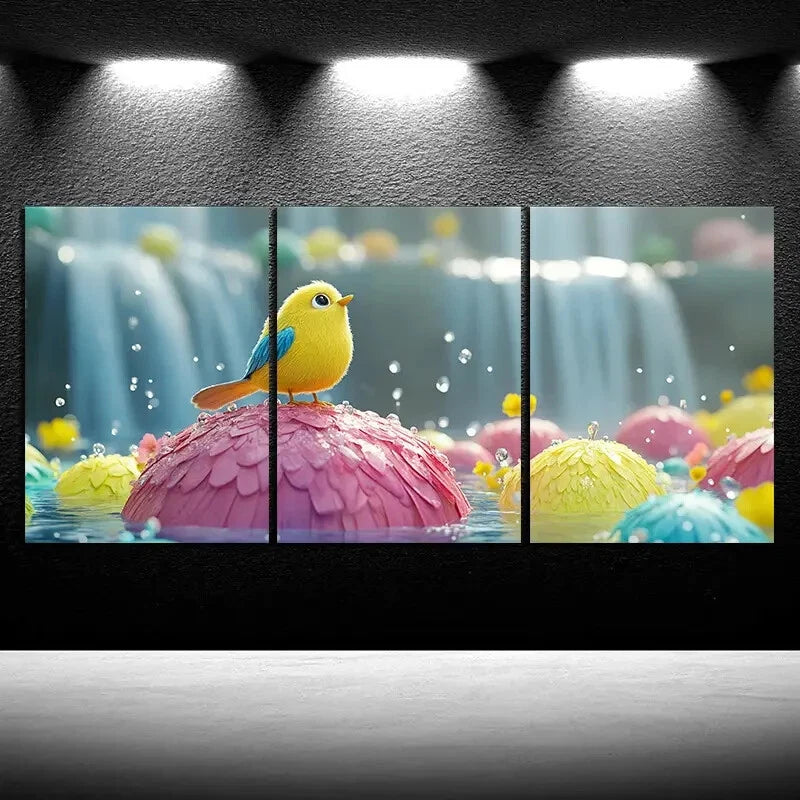 3pcs The Bird on the Petals Mural Painting Metal Print Ready to Hang Art