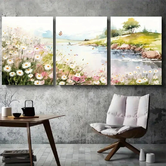 3pcs Serene Daisy Lakeside Meadow Wall Art Set Canvas Framed 60x90cm - High Quality Print 100% Australian Made Wall Canvas Ready to Hang