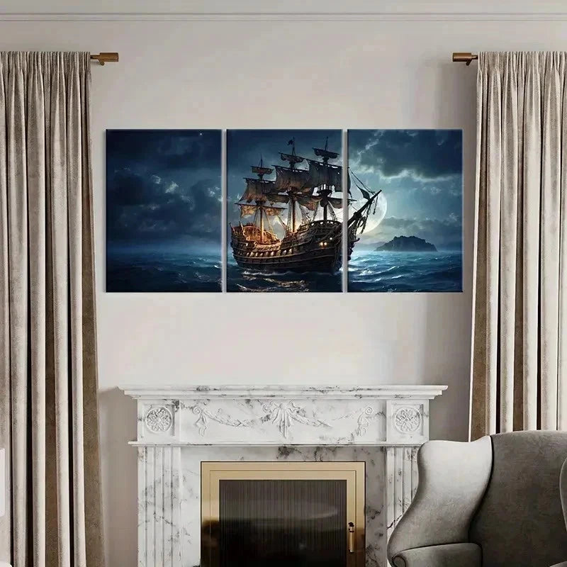 3pcs Pirate Ship On The Sea At Night Wall Art Set Canvas Framed 40x60cm - High Quality Print 100% Australian Made Wall Canvas Ready to Hang