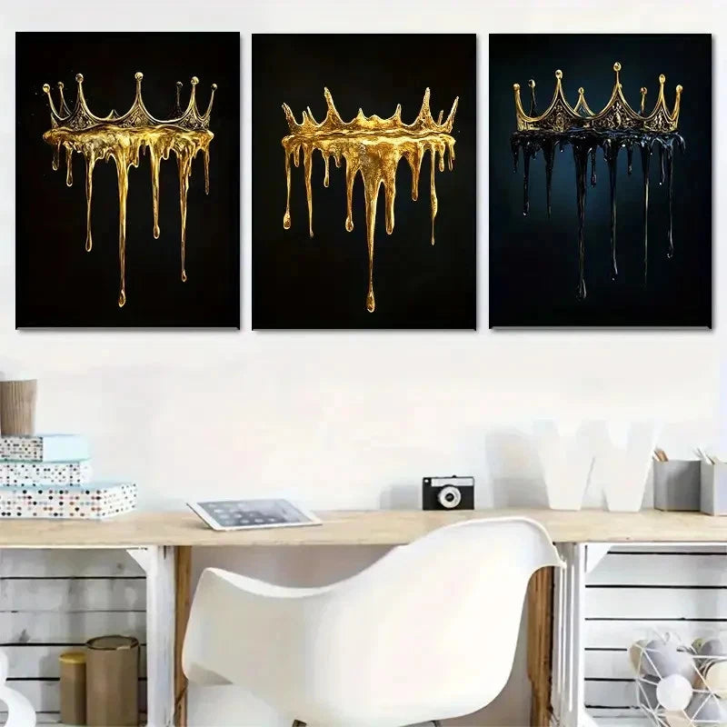 3pcs Melting Golden Crown on Black Background Metal Print Ready to Hang Art