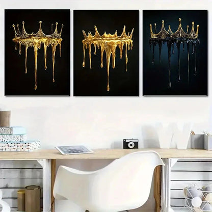 3pcs Melting Golden Crown on Black Background Metal Print Ready to Hang Art