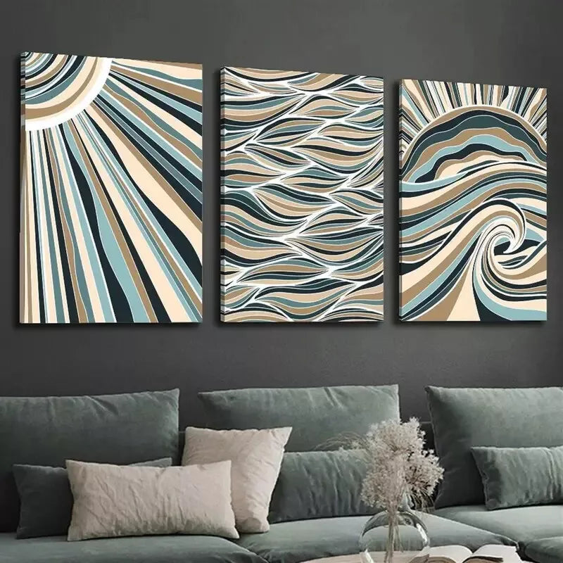 3pcs Wavy Ribbons in Blue Green and Beige  Wall Art Set Canvas Framed 50x70cm - High Quality Print 100% Australian Made Wall Canvas Ready to Hang - Bella Home Decor