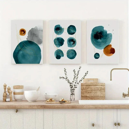 3pcs Geometric Abstract in Teal Gray and Orange Metal Print Ready to Hang Art
