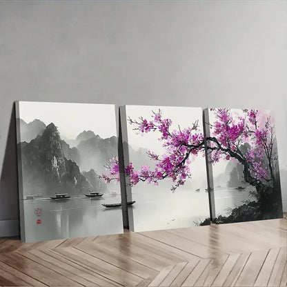 3pcs Purple Plum Blossoms In Full Bloom  Wall Art Set Canvas Framed 60x90cm - High Quality Print 100% Australian Made Wall Canvas Ready to Hang