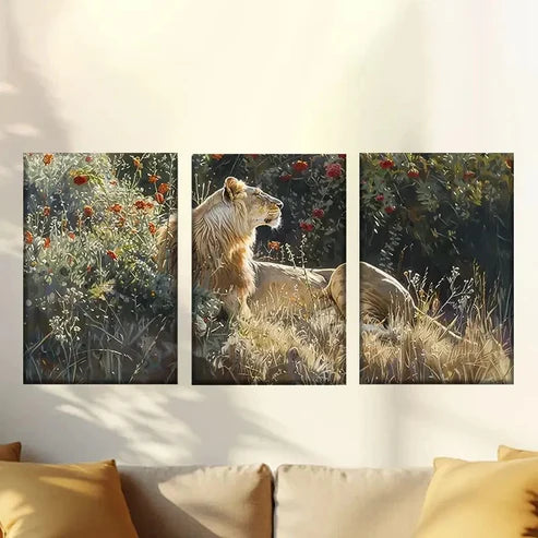 3pcs Enchanting flowers and lions Wall Art Set Canvas Unframed - High Quality Print 100% Australian Made Wall Canvas