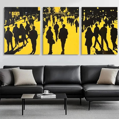 3pcs Yellow Black City Crowd Silhouette Perfect Wall Art Set Canvas Framed 40x60cm - High Quality Print 100% Australian Made Wall Canvas Ready to Hang