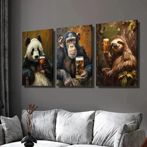 3pcs Cute Wild Animal Drinking Beer Wall Art Set Canvas Unframed - High Quality Print 100% Australian Made Wall Canvas