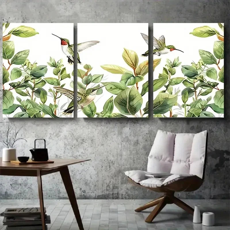 3pcs Green Leaves & Colorful Hummingbirds Metal Print Ready to Hang Art