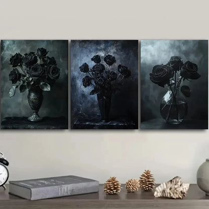 3pcs Featuring Design of Black Roses Vase Metal Print Ready to Hang Art