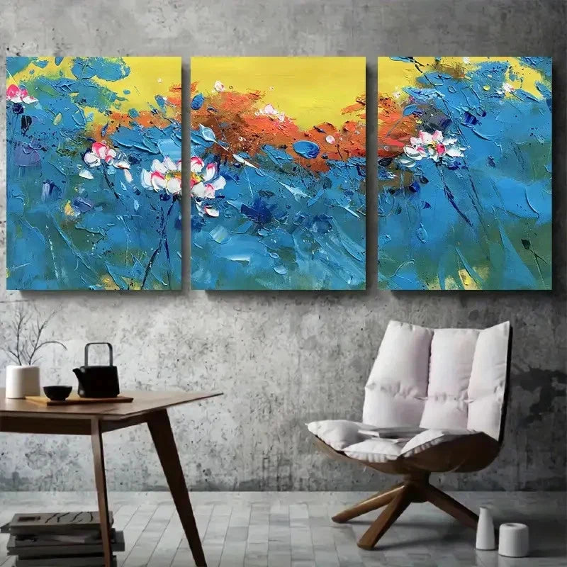 3pcs Lotus Blossoms with Vibrant Blue and Yellow Metal Print Ready to Hang Art