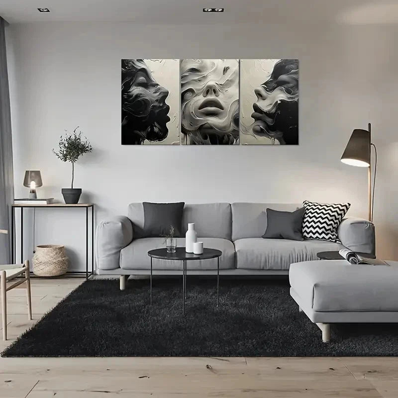 3pcs Back White and Gray Face Paintings Wall Art Set Canvas Framed 40x60cm - High Quality Print 100% Australian Made Wall Canvas Ready to Hang