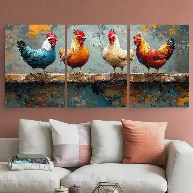 3pcs Vibrant Rooster Colorful Farm Birds Perfect Wall Art Set Canvas Framed 60x90cm - High Quality Print 100% Australian Made Wall Canvas Ready to Hang