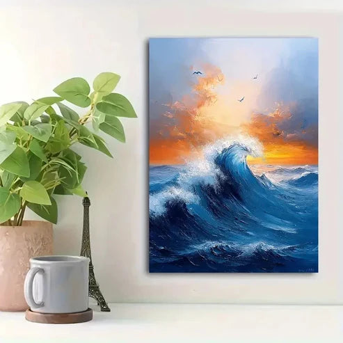 Beautiful Abstract Blue Ocean Vibrant Sunset Painting 60x90cm Metal Print Ready to Hang