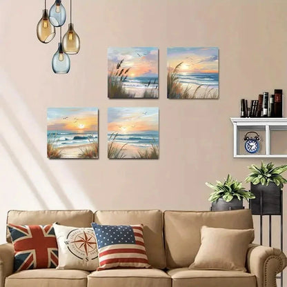 4pcs Beach picture quality texture Wall Art Canvas Framed